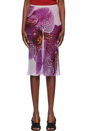 DRIES VAN NOTEN Purple Printed Silk Midi Skirt