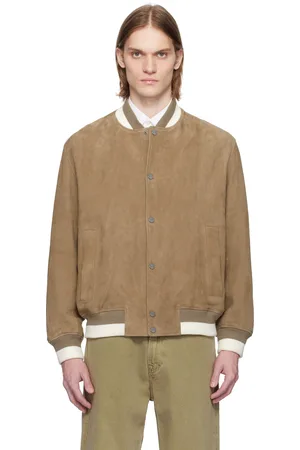 HUGO BOSS Brown Ribbed-Trim Suede Bomber Jacket
