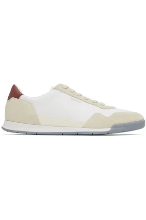 HUGO BOSS White & Beige Mixed-Material Lace-Up Sneakers