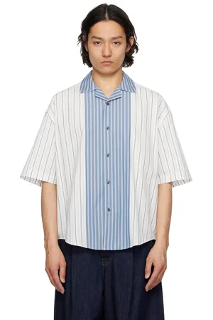 Ami White & Blue Cotton Short Sleeve Boxy Shirt
