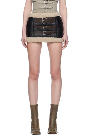 BLUMARINE Black Pin-Buckle Shearling Miniskirt