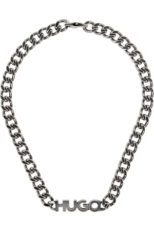 HUGO BOSS Gunmetal Logo Plaque Necklace