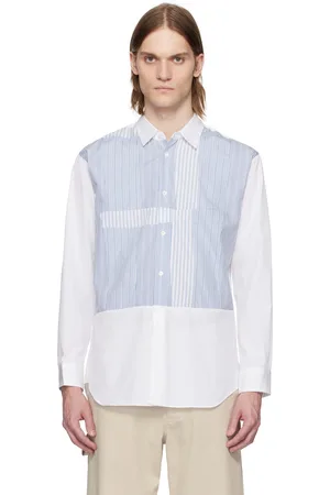 Comme des Garçons White & Blue Yarn Dyed Cotton Stripe Poplin Shirt