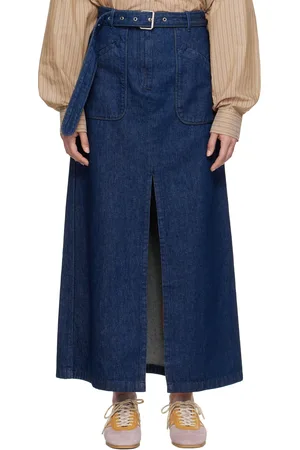 DRIES VAN NOTEN Navy Belted Denim Maxi Skirt