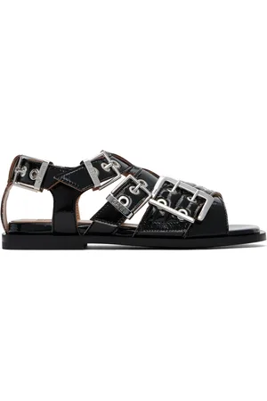 Ganni Black Feminine Buckle Strap Naplack Flat Sandals