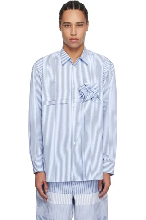 Comme des Garçons White & Blue Yarn Dyed Stripe 3D Roses Shirt