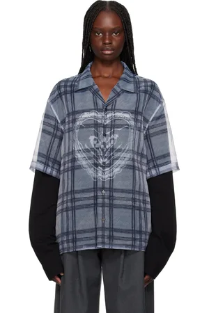 We11 Done Gray Heart Layered Check Pattern Shirt