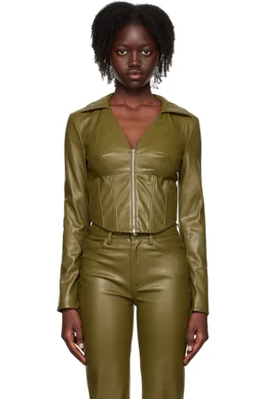 Staud Green Brushes Faux-Leather Blouse