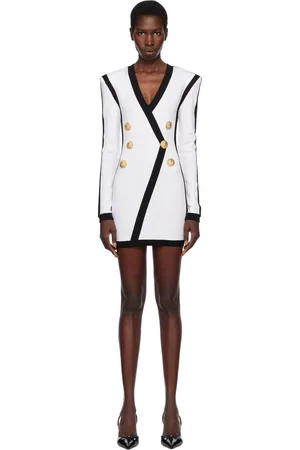 Balmain White LS V-Neck Tailored Bodycon Short Minidress