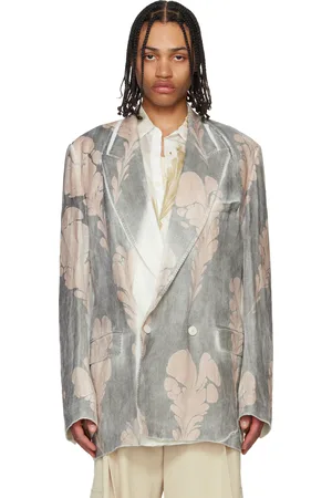 DRIES VAN NOTEN Gray & White Hand Printed Blazer