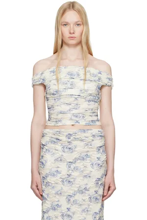 Bec & Bridge Off-White & Blue Riva Off Shoulder Top