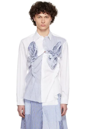 Comme des Garçons White & Navy Poplin & Stripe 3D Roses Shirt