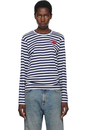 Comme des Garçons PLAY Navy & White Stripe Metal Stone Emblem Red Heart T-shirt