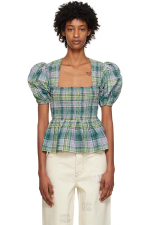 Ganni Blue Shirring Blouse