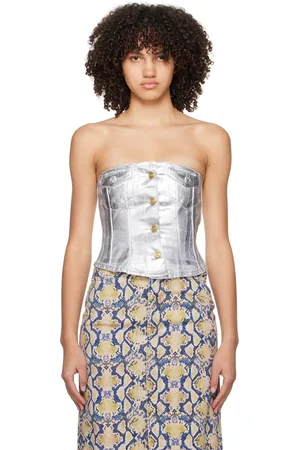 Ganni Silver Corset Denim Tank Top