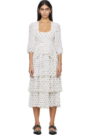 Ganni White Pleated Midi Dress