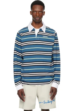 Burberry Navy & Off-White Long-Sleeve Striped Cotton Polo