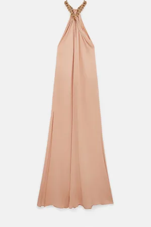 Stella McCartney Maxi Abito in Satin con Collo Incrociato con Catena, Donna,