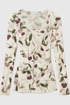Stella McCartney Top a Maniche Lunghe in Rete con Stampa Ciliegie, Donna,