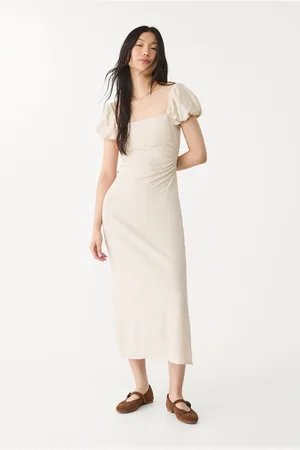 Stradivarius Abito midi con maniche a sbuffo in lino M