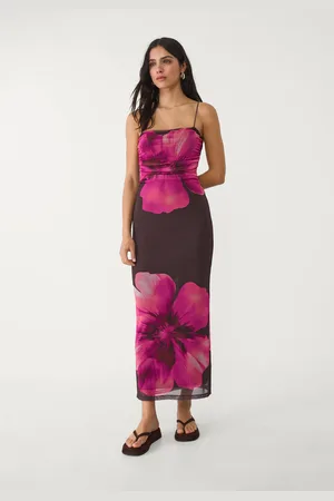 Stradivarius Vestito lungo con tulle stampato XS