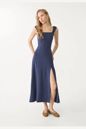 Stradivarius Vestito midi fluido con schiena incrociata in lino M