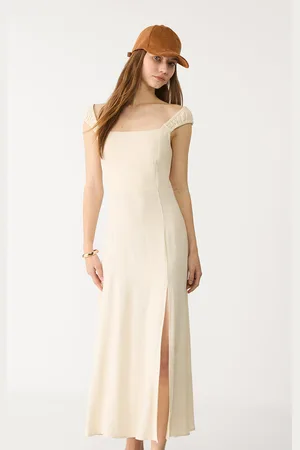 Stradivarius Vestito midi fluido con schiena incrociata in lino M