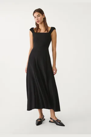 Stradivarius Vestito midi fluido con schiena incrociata in lino M