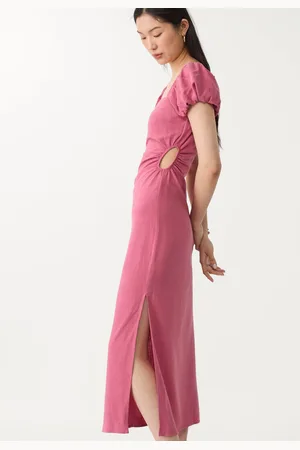Stradivarius Abito midi con maniche a sbuffo in lino M