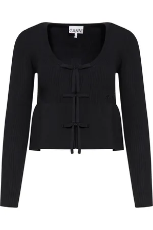 Ganni CARDIGAN IN MAGLIA A COSTINE NERE CON FIOCCHI