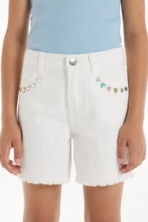 Tezenis Short in Denim Sfrangiati con Applicazione Cuori Bambina