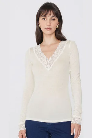 Tezenis Maglia Maniche Lunghe Scollo V Pizzo/Lana Merino Donna
