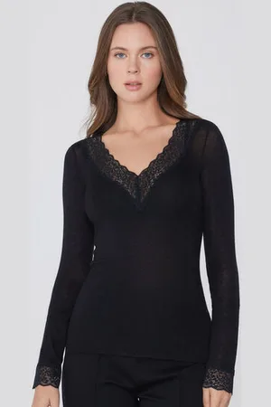 Tezenis Maglia Maniche Lunghe Scollo V Pizzo/Lana Merino Donna