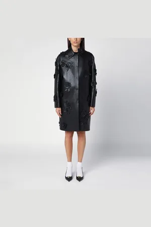 VALENTINO Cappotto nero in pelle con ricami