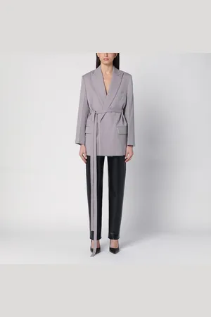 Victoria Beckham Giacca grigia chiara in lana con cintura