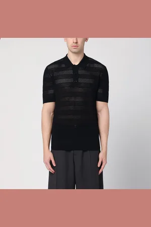 DRIES VAN NOTEN Polo manica corta nera in maglia traforata a righe