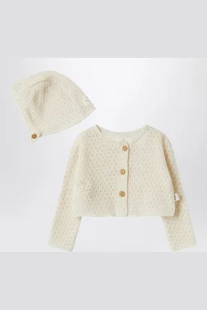 TEDDY & MINOU Cardigan e berretto color crema in maglia traforata