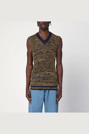 WALES BONNER Gilet con trama blu navy/gialla in misto cotone