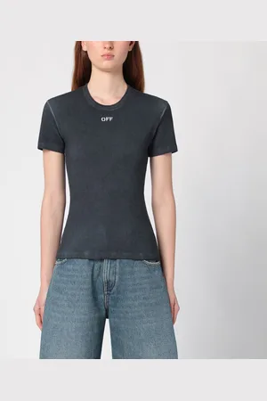 OFF-WHITE T-shirt nera slavata a costine