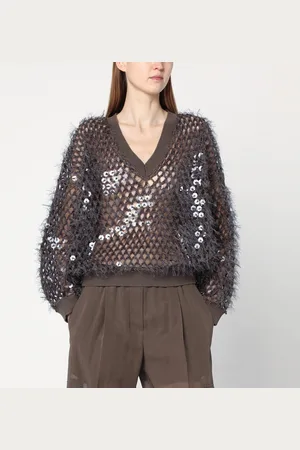 Brunello Cucinelli Maglia a rete color cioccolato con paillettes