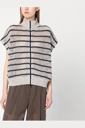 Brunello Cucinelli Cardigan in rete a righe in misto lino