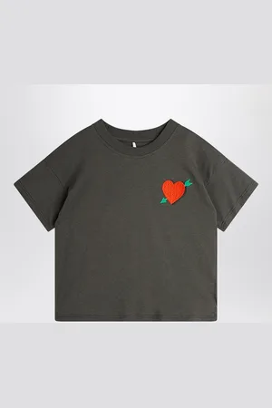 Mini Rodini T-shirt nera slavata con ricamo cuore con freccia