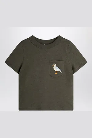 Mini Rodini T-shirt nera slavata con ricamo gabbiano