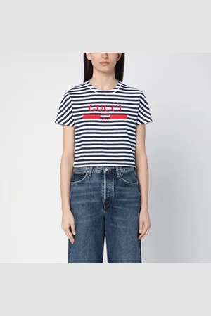 Gucci T-shirt a righe bianca/blu in cotone con stampa logo