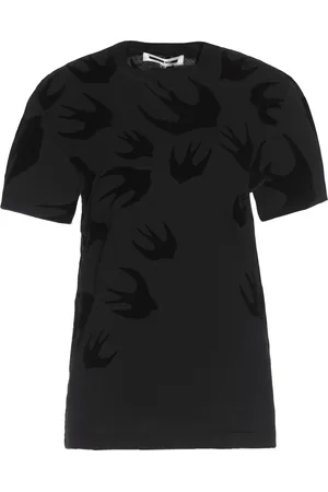 Alexander McQueen T-shirt nera con stampa Swallow floccata