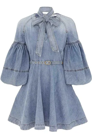 ZIMMERMANN Mini Vestito in denim con cravatte per collo