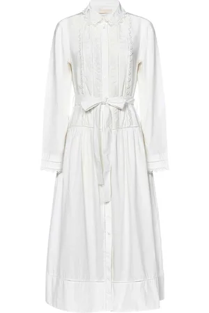 ULLA JOHNSON Abito da camicia midi in poplin di cotone bia