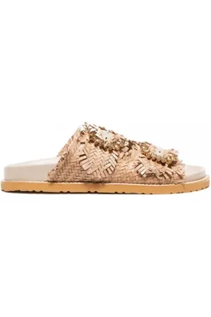 Coral Blue Ciabatta a due fasce in pelle intrecciata rosa nude con fibia di strass