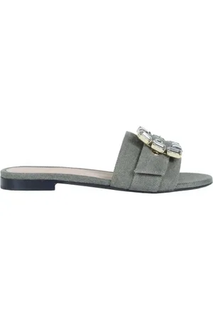 ROBERTO FESTA Ciabatta flat in jeans kaki con accessorio strass