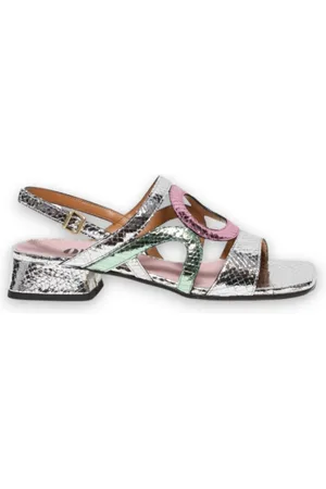 Oliaro Sandalo in pelle stampata lucertola argento fuxia verde acqua